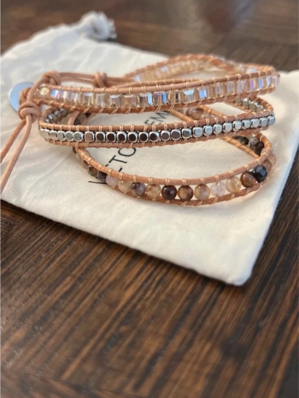 Victoria Emerson Leather Cord Mixed Media Neutral Beaded Wrap Bracelet